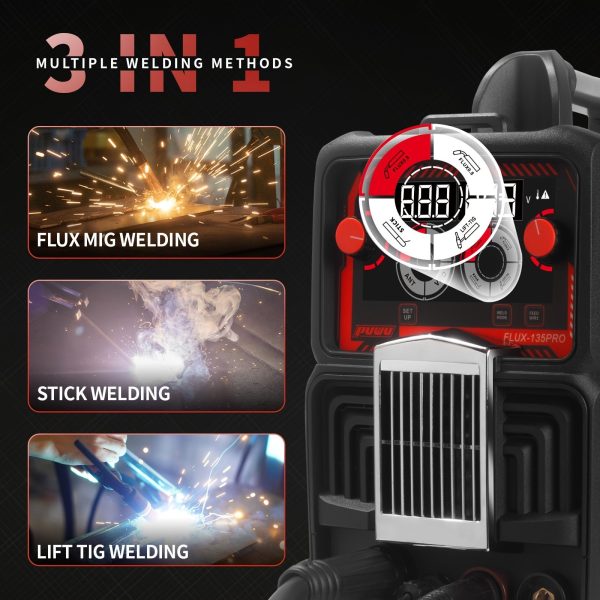 135A 110V 3-in-1 Flux Core MIG/TIG/Stick Welder with Digital Display, Gasless, Hot Start, and Anti-Stick Protection - Image 4