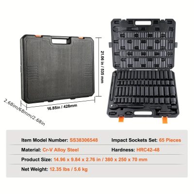 1/2″ Drive Impact Socket Set, 65 Piece Socket Set SAE 3/8″ To 1-1/4″ And Metric 10-24mm, 6 Point Cr-V Alloy Steel For Auto Repair, Rugged Construction, Easy-to-Read Size Markings, Storage Case