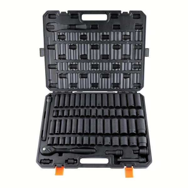 1/2" Drive Impact Socket Set, 65 Piece Socket Set SAE 3/8" To 1-1/4" And Metric 10-24mm, 6 Point Cr-V Alloy Steel For Auto Repair, Rugged Construction, Easy-to-Read Size Markings, Storage Case